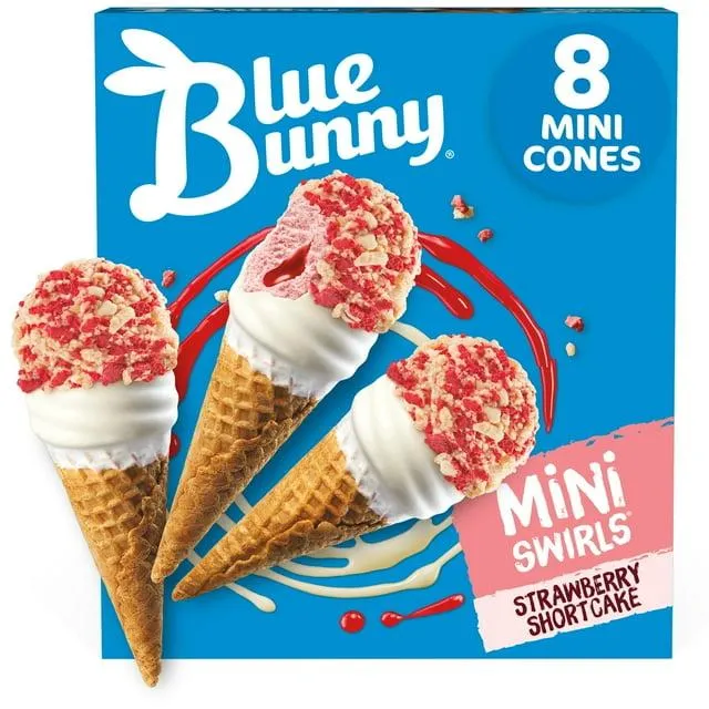 Blue Bunny Mini Swirls Strawberry Shortcake Cone, Whipped Cream Flavored Coating with Cake Pieces, Iced Frozen Dessert, 2.3 fl oz, 8 Pack