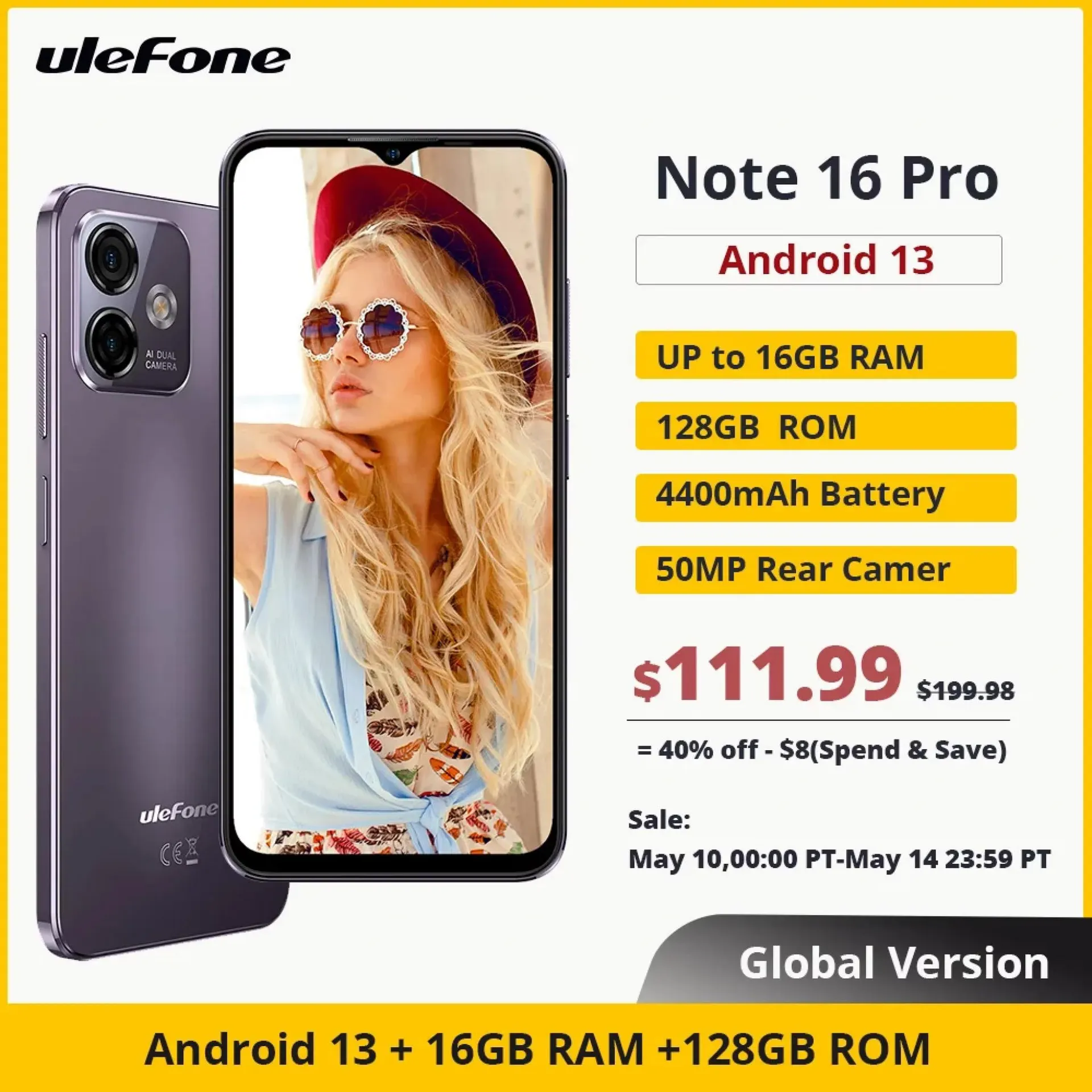 (2023 nuevo) Ulefone Note 16 Pro 4G versión global Smartphone 16 GB RAM + 128 GB ROM Android 13 Teléfono 50MP 6.52 pulgadas versión global