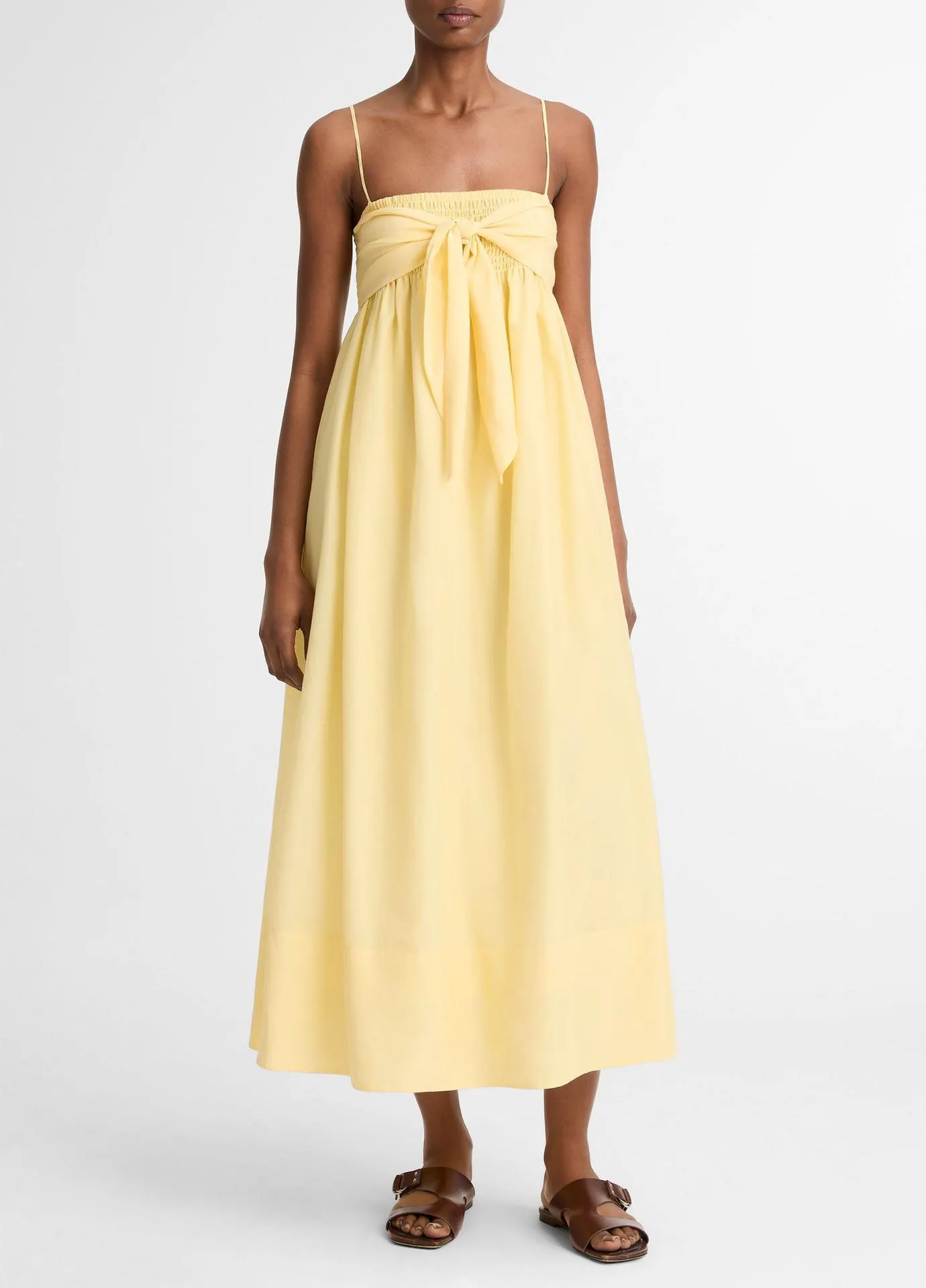 Cotton-Silk Tie Smocked Dress