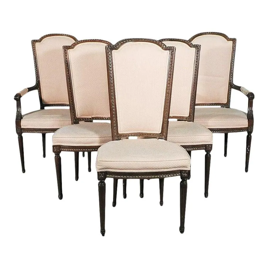 Circa 1940s Carved Walnut French Louis XVI Tall Back Dining Chairs- Set of 6