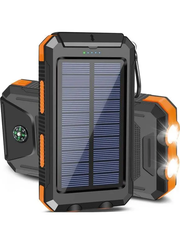 20000mAh Solar Charger for Cell Phone iPhone, Portable Solar Power Bank with Dual 5V USB Ports, 2 LED Light Flashlight, Compass Battery Pack for Outdoor Camping Hiking(Orange)