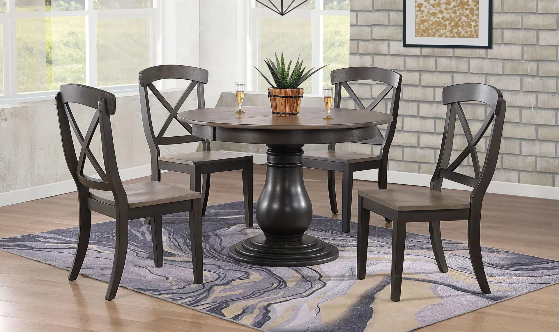 Iconic Furniture Bella Antiqued Grey Stone & Black Stone Transitional X-Back Dining Set