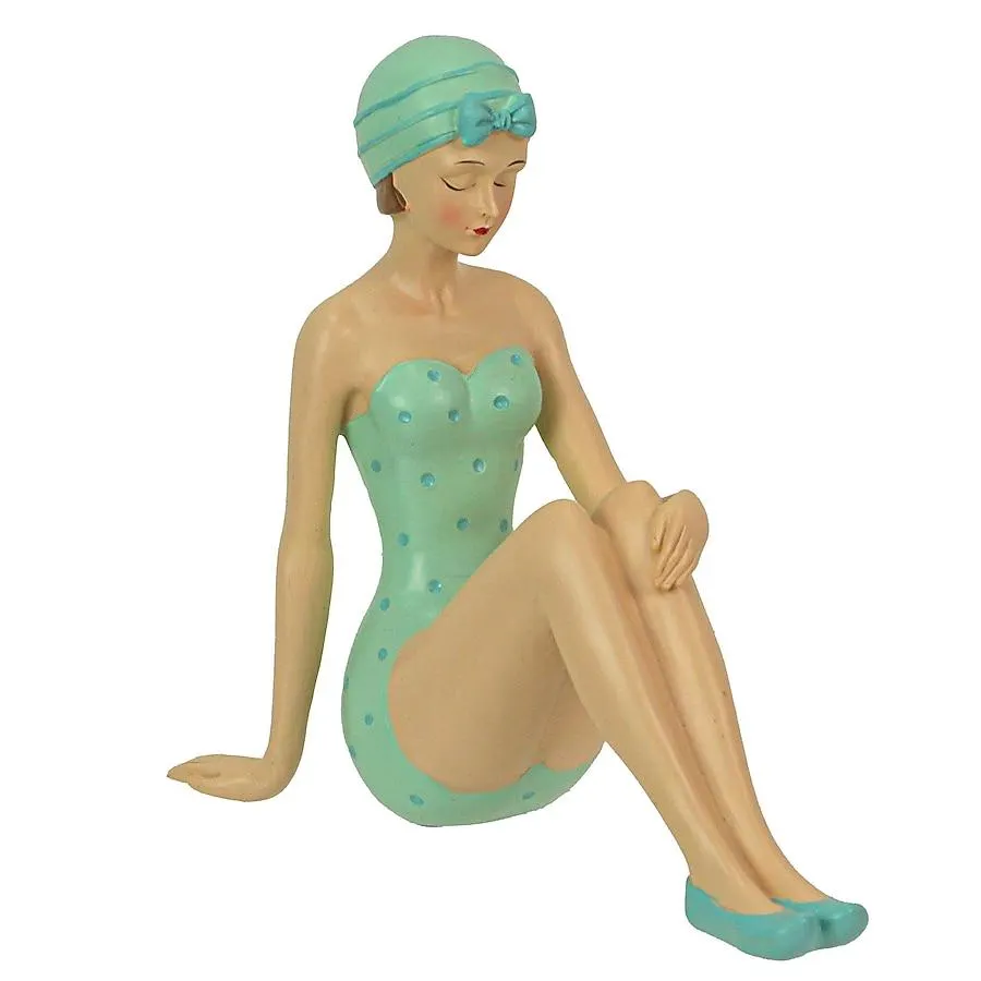 Fancy That Gift & Decor Vintage Bathing Beauty Beach Girl Teal and Blue Polka Dot Swimsuit Statue