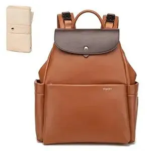 Leather Diaper Bag Backpack, 14 Pockets, Fashion Diaper Bag Leather with Changing Pad, Stroller Straps, Travel Essential Large Diaper Bag, Unisex, Brown