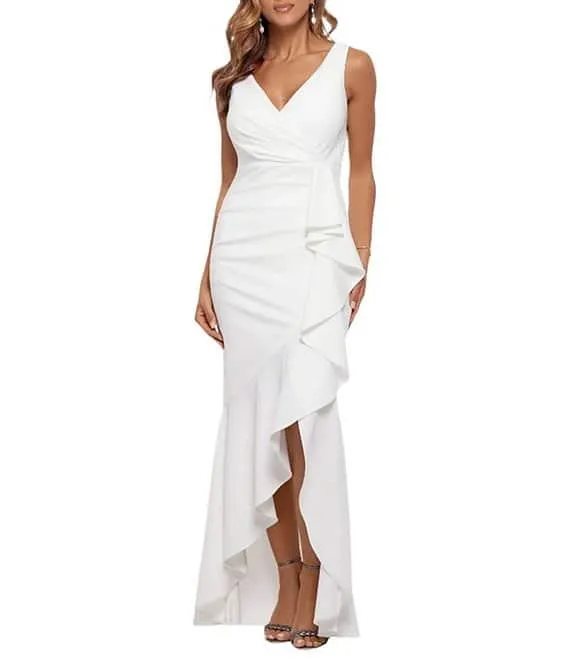 Sleeveless V-Neck Spiral Ruffle Cascade Gown