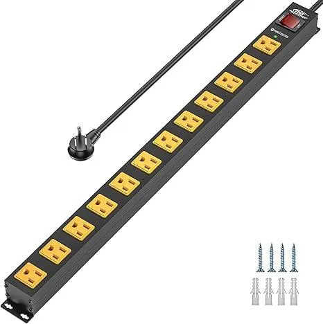 12 Outlet Heavy Duty Long Power Strip Surge Protector, Wall Mount Metal Power Strip with Flat Plug, 2100J, 15A Circuit Breaker, 6FT Cord for Garage, Workbench, Shop, and Under Desk Use