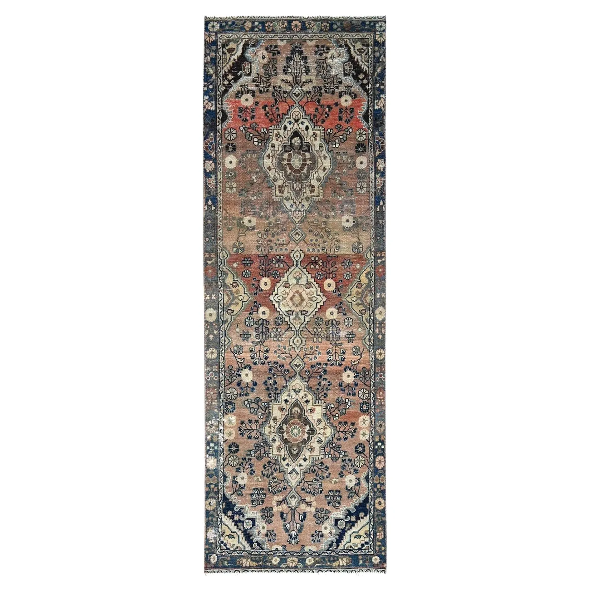 Brown Vintage Persian Bibikabad Abrash Soft Wool Hand Knotted Clean Runner Rug