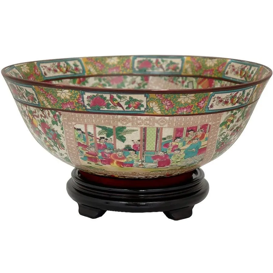 Red Lantern Red Chinese Porcelain Ceramic Decorative Bowl 14-in Diameter, Rose Medallion Art Motif