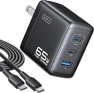 INIU USB C Charger Block, 3-Port 65W PD Fast Charging, Compact Type C Wall Charger with Foldable Plug, GaN Tech, for MacBook Pro/Air, iPhone 17, Samsung S25, iPad Pro, Laptop, Multiple Devices etc