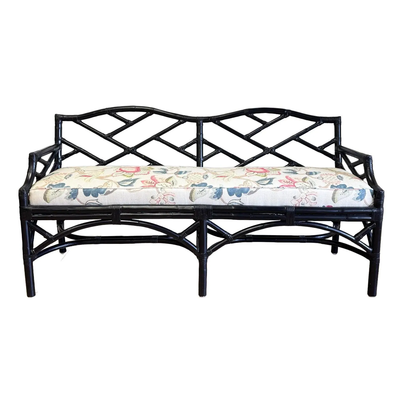 Newly Upholstered Chinoiserie Style Rattan Fretwork Bench