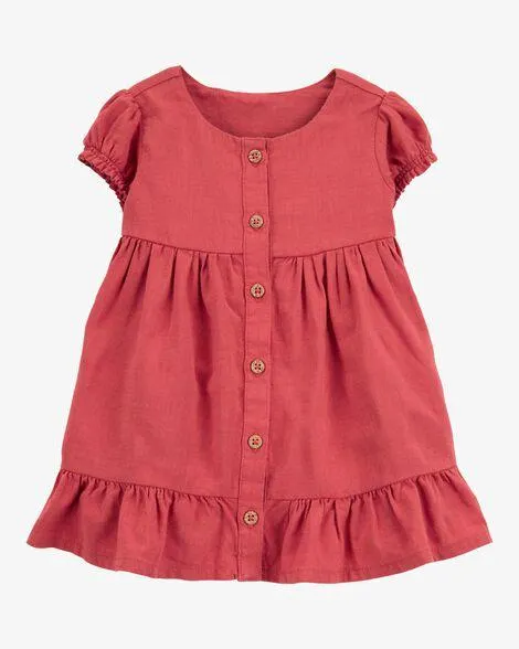 Baby Short-Sleeve Linen Look-alike Tiered Dress - Red