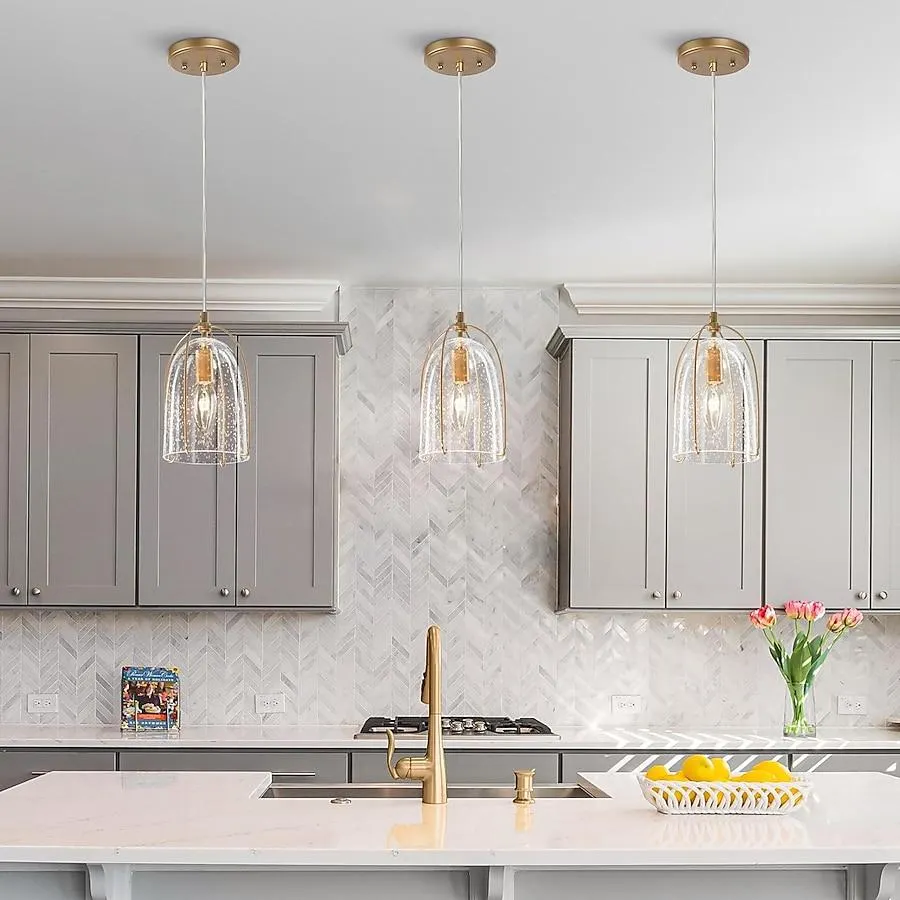 Uolfin 1 -Light Antique Gold in Cylinder Seeded Glass Modern/contemporary Seeded glass Bell Mini Hanging Kitchen island light