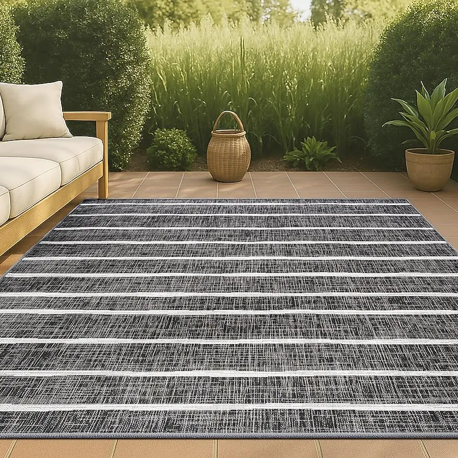 JONATHAN Y SANTA MONICA Colonia Berber Stripe 8 x 10 (ft) Loomed Black/Ivory Rectangular Indoor/Outdoor Stripe Bohemian/Eclectic Area rug Pet Friendly