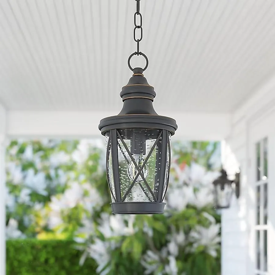 allen + roth Castine 1 -Light Bronze Craftsman Seeded glass Lantern Medium Outdoor Hanging Pendant light