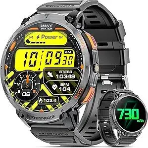 Military Smart Watches for Men, 1.85" HD Large Screen Smart Watch, Flashlight/730mAh/110+ Sports Modes Fitness Tracker Watch, Waterproof Mens Smart Watch for Android Phones iPhone Compatible