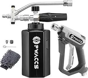 PWACCS Pressure Washer Foam Gun with Dual Connector Accessory, Short Power Washer Gun Foam Cannon and Double Tip Attachment Car Wash Kit, 1/4" Quick Connector, M22 Male Inlet, 4000 PSI, 1.5 Liter