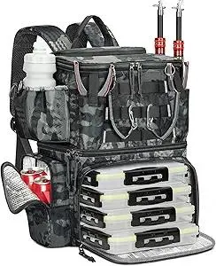 MATEIN Fishing Backpack with 4 Tackle Boxes, Fishing Bag with Rod Holder & Safety Compass & Cooler, Gifts for Fishermen