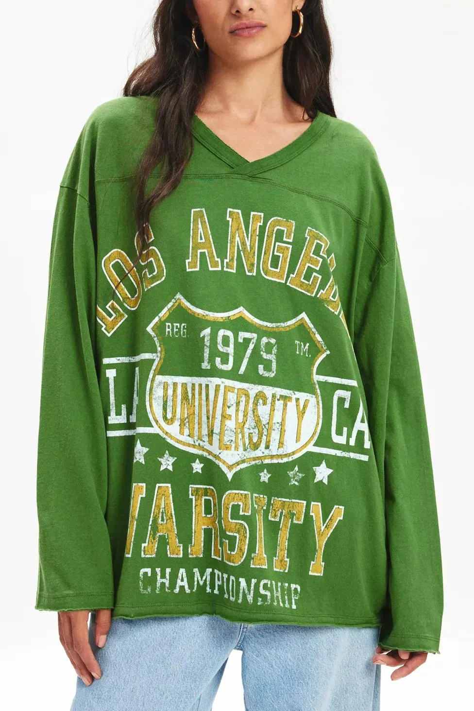 Vintage Varsity V-Neck Long Sleeve Graphic Tee