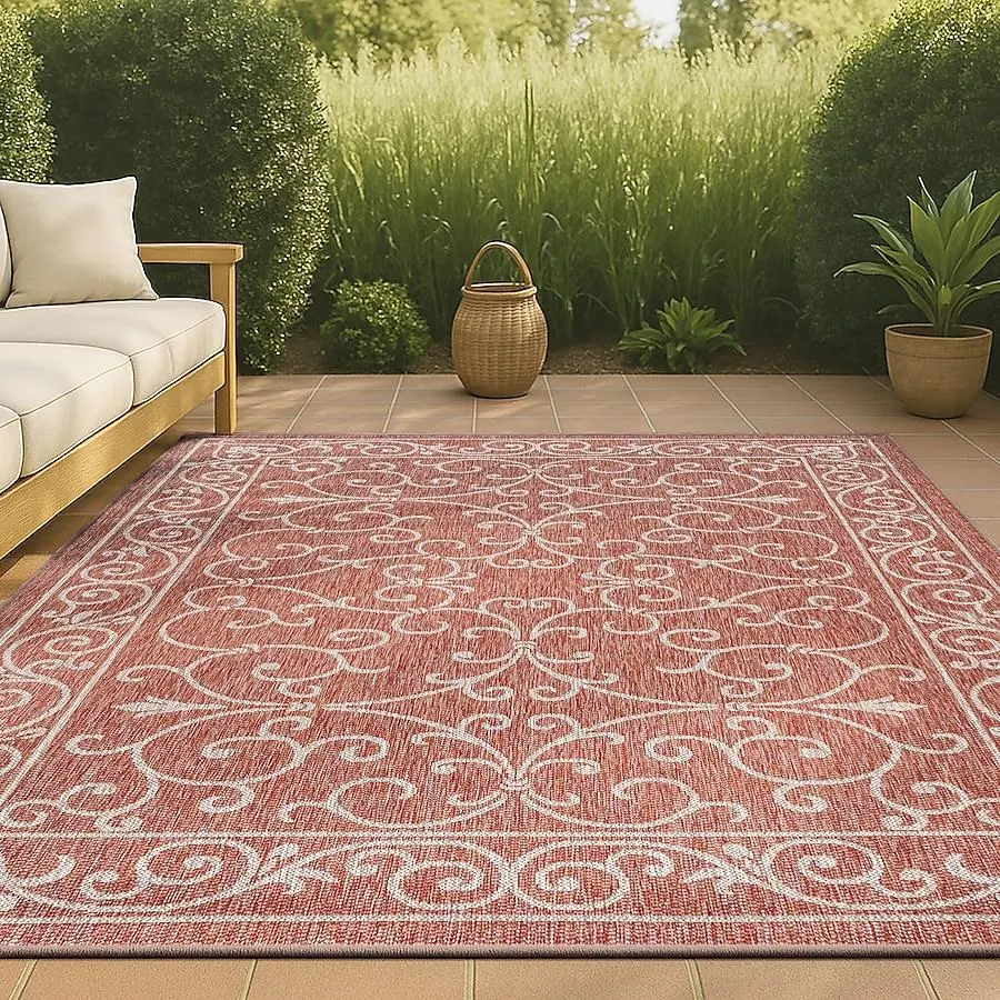 JONATHAN Y SANTA MONICA Charleston Vintage Filigree Textured Weave 8 x 10 (ft) Loomed Red/Beige Rectangular Indoor/Outdoor Medallion French Country Area rug Pet Friendly