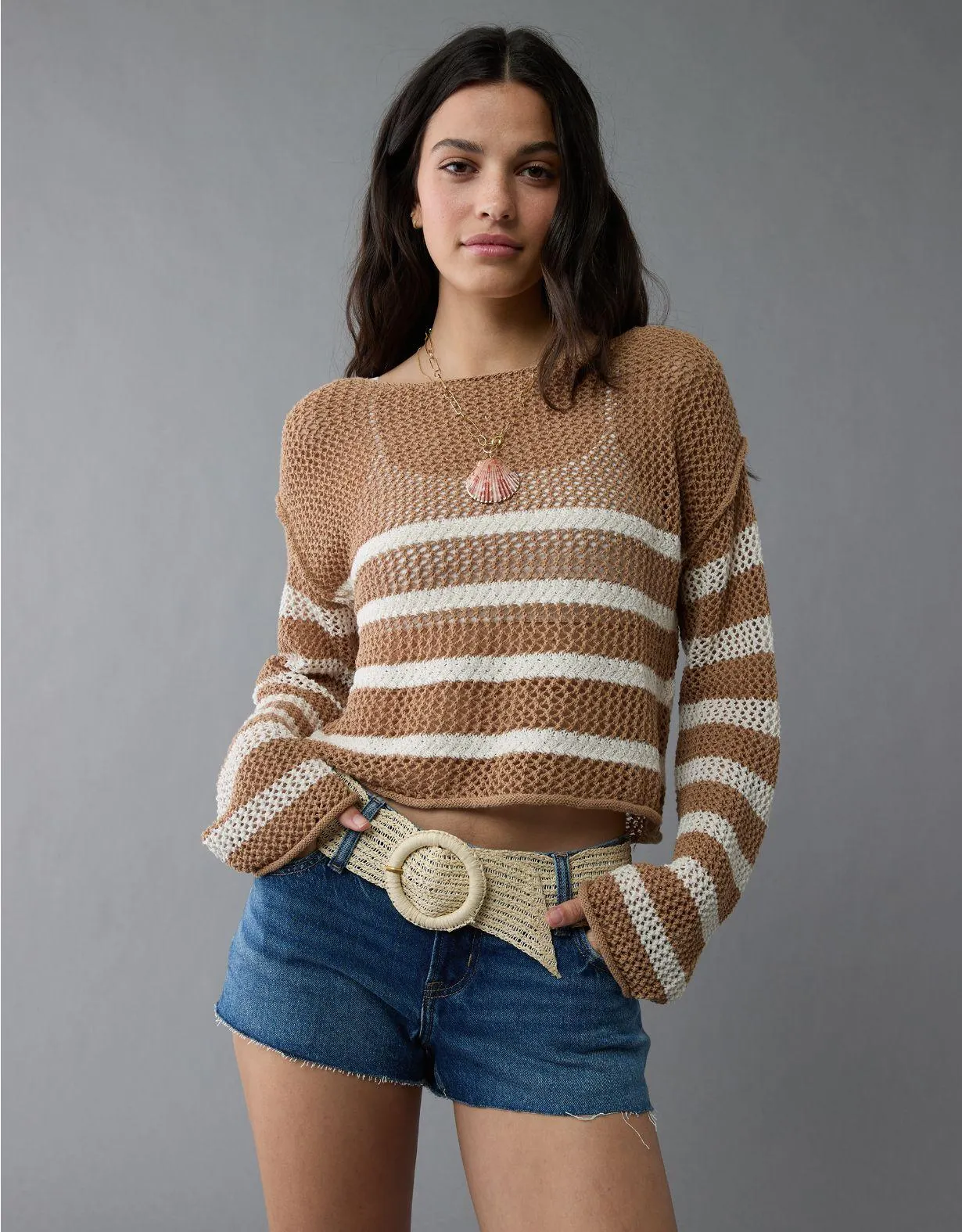 AE Off The Shoulder Crochet Sweater