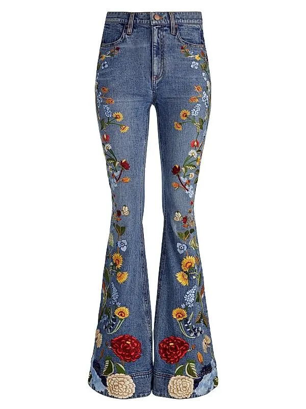 Beautiful Floral-Embroidered High-Rise Bell Jeans