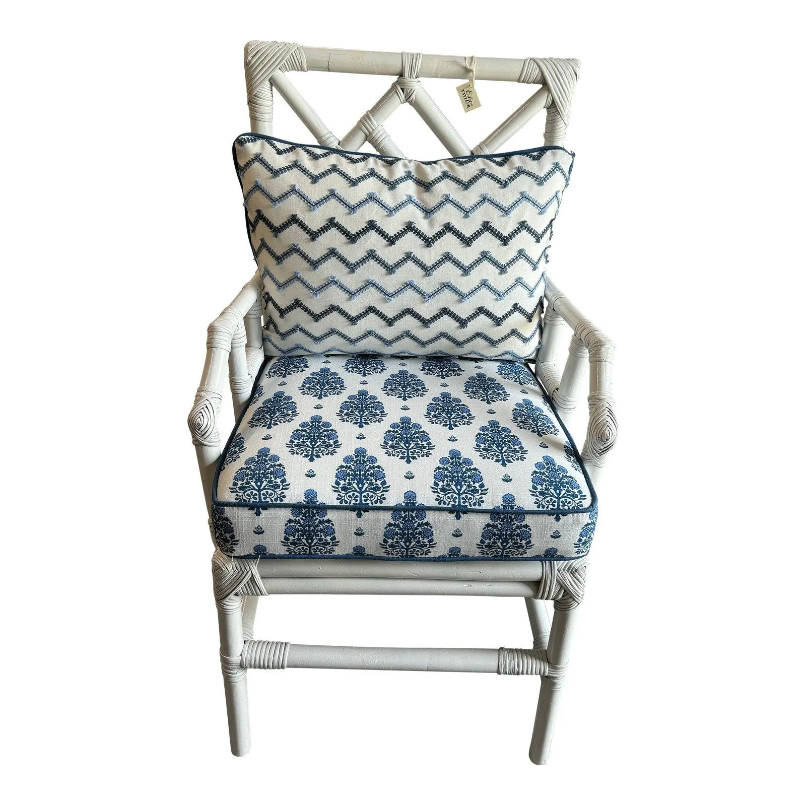 Late 20th Century Painted Bamboo Chair With Nautical Cushion and Lumbar Pillow