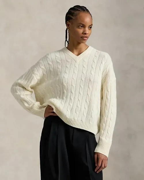 Cable-Knit Cashmere V-Neck Sweater