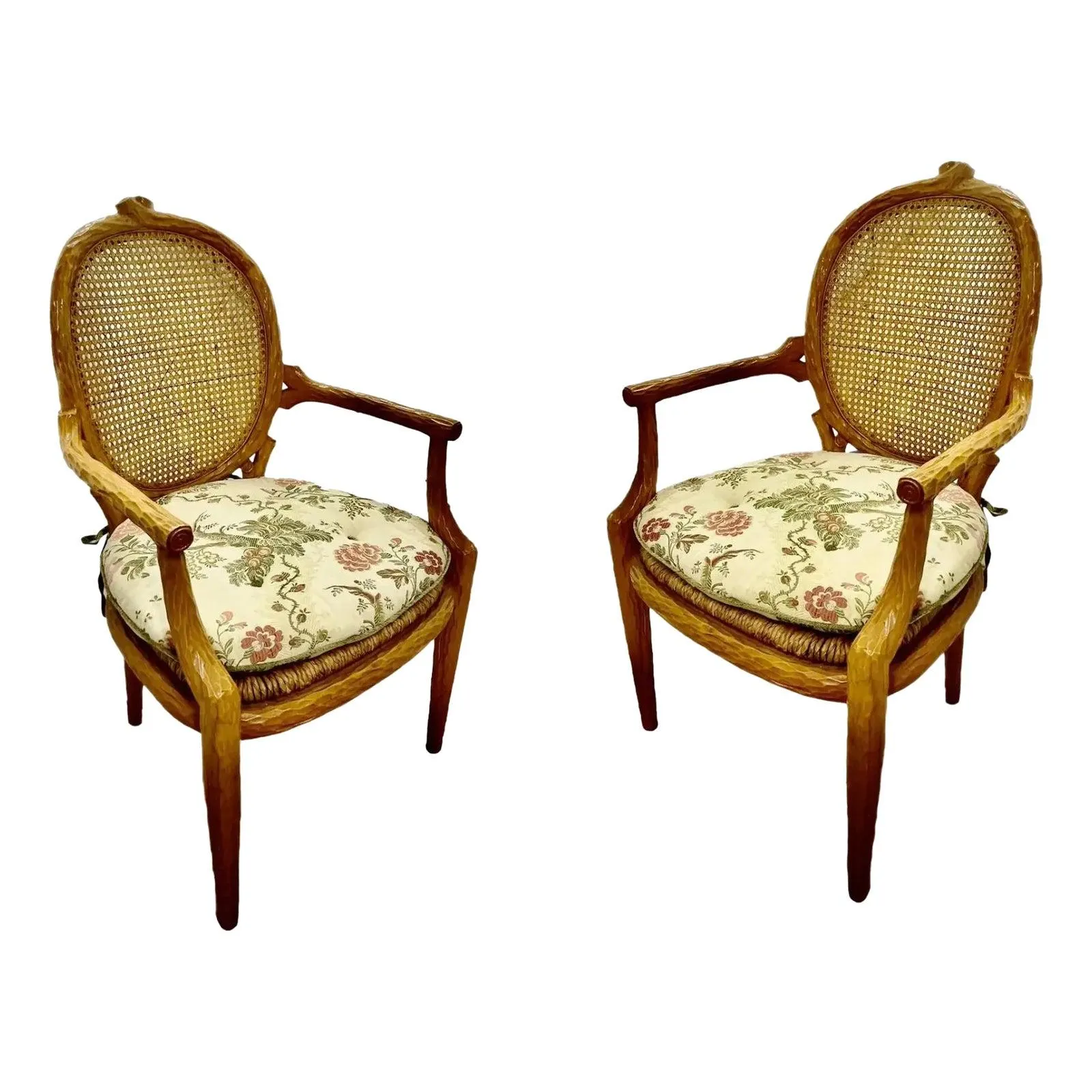 Scalamandré Upholstered French Faux Bois Chairs, a Pair