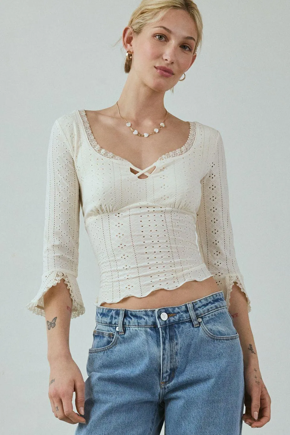 Kimchi Blue Zarina 3/4 Bell Sleeve Eyelet Knit Crop Top