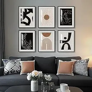 Framed Boho Black and White Brown Modern Abstract Wall Art for Living Room, Set of 6 Bohemian Wall Hanging Artwork, Minimalist Sun Geometric Pictures for Bedroom Office Bathroom Wall Decor 11x14 Inch