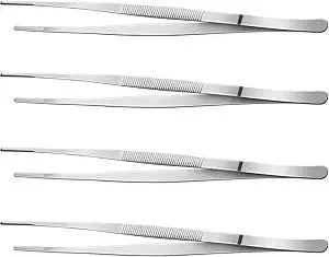 Yaomiao 4 Packs 12 Inch Bar Tweezers Silver Long Garnish Tongs Stainless Steel Kitchen Cooking Tongs Tweezers for Food Cocktail Korean BBQ Bartender Chef, Multi-use