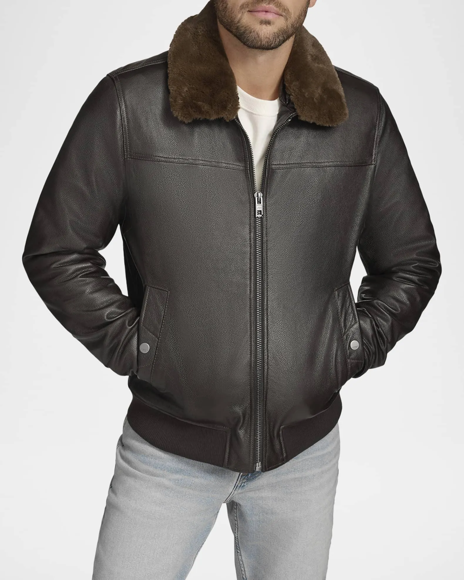 Men's Leather Jacket with Removable Shearling Collar