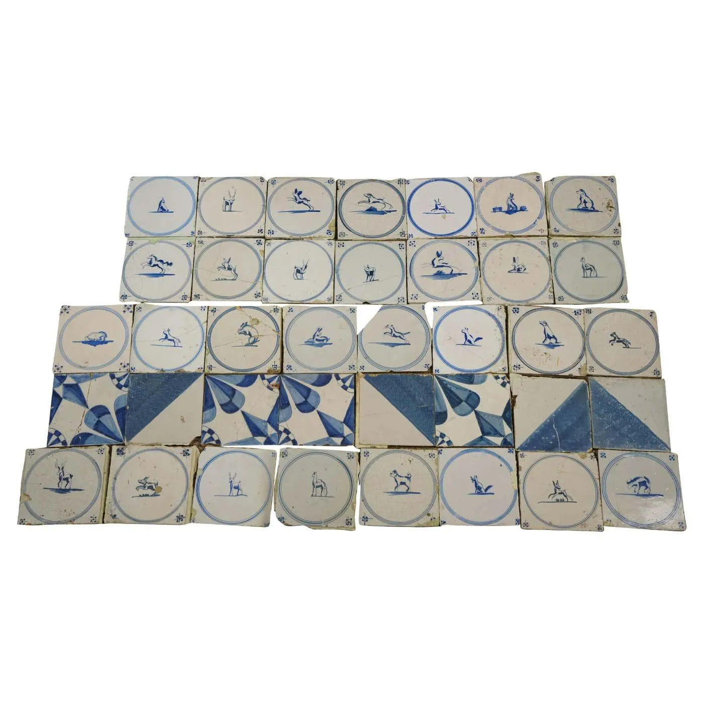 39 Antique 18th C. Dutch Delft Tiles Blue & White Star Animal Rabbit Hound Deer