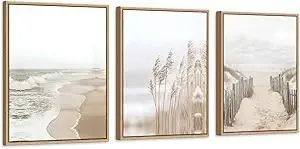 Neutral Beach Pampas Grass Wall Art Boho Coastal Canvas Wall Decor, Ocean Shore Landscape Scene Nature Wilderness Prints Artwork for Living Room Bedroom Framed Ocean Theme, Set of 3, 12x16 Inch
