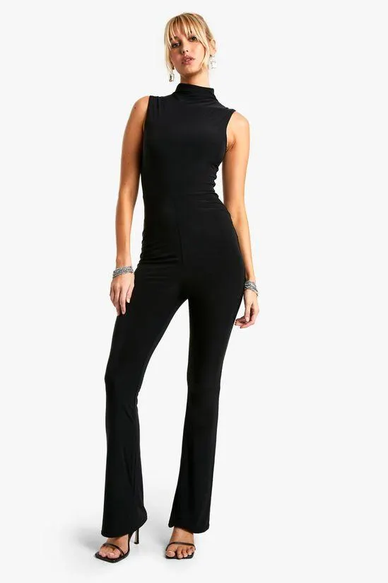 High Neck Flare Leg Double Slinky Jumpsuit