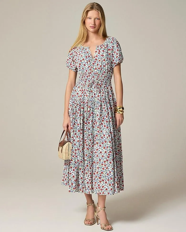 Elena puff-sleeve dress in floral crepe de chine