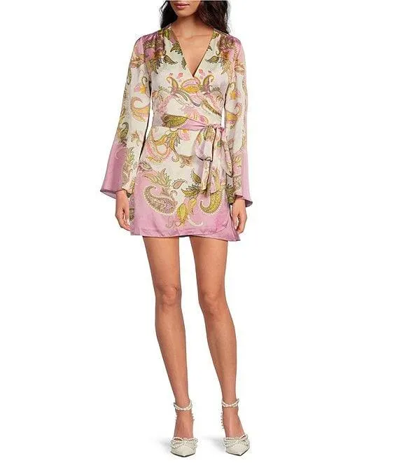 Jenni Paisley Printed Satin V-Neck Long Sleeve Mini Wrap Dress