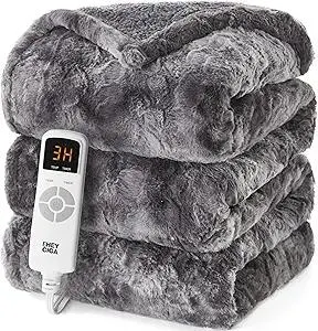 EHEYCIGA Electric Heated Blanket Throw Faux Fur, 10 Hours Auto Shut Off 9 Heating Levels Heating Blanket Throw, Soft Warm Heated Blanket Fast Heating, Faux Fur & Sherpa