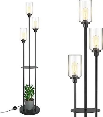 addlon Floor Lamps for Living Room with Clear Glass Shades, 3-Lights Standing lamp with Shelves, Farmhouse Tall Floor Lamp Modern lamp for Bedroom, Office - Black