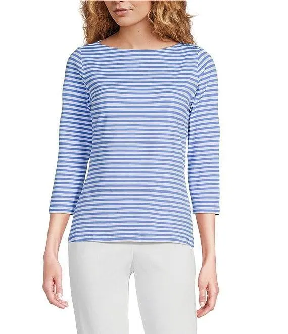 Wavesong Striped Print 3/4 Sleeve Button Shoulder Tee Shirt