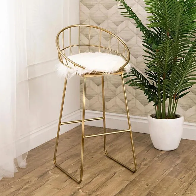 Lila Modern Gold Finished Iron Frame Faux Fur Bar Stool