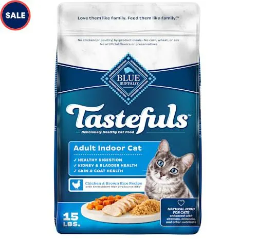 Blue Buffalo Blue Tastefuls Chicken & Brown Rice Recipe Natural Dry Food for Adult Indoor Cats, 15 lbs.