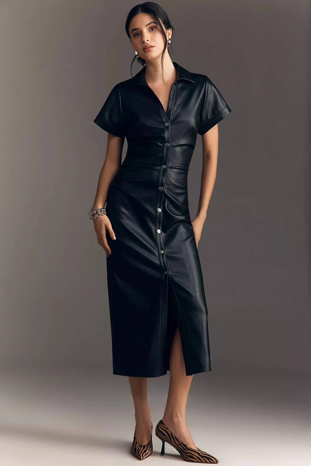 Pilcro Faux Leather Short-Sleeve Ruched Midi Shirt Dress