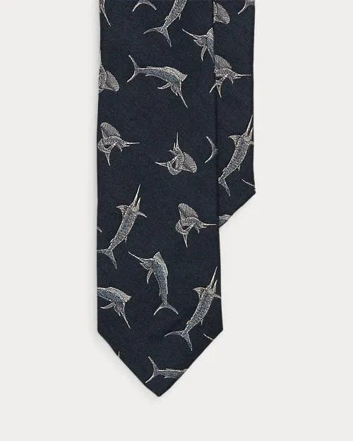 Marlin-Print Silk-Linen Serge Tie