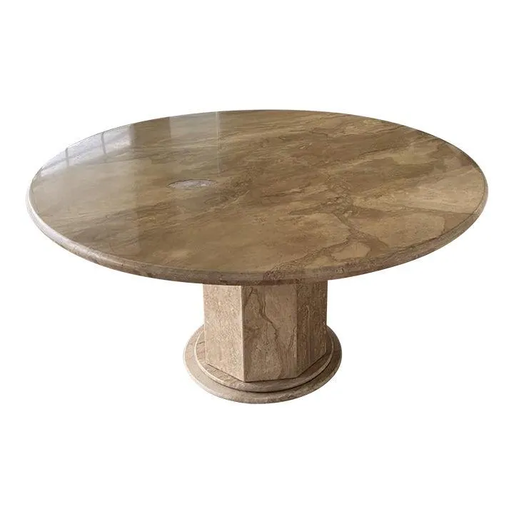 1960s Hollywood Regency Round Post Modern Pedestal Base Beige Marble Dining Center Table