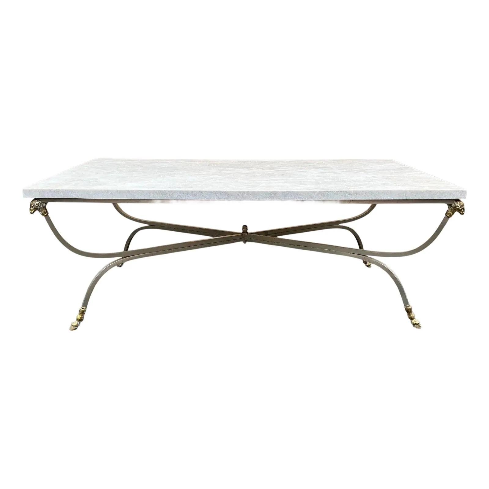 Italian Neo-Classical Maison Jansen Style Honed Marble Top Steel & Brass Coffee Table