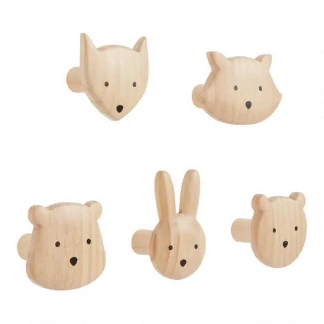 Natural Wood Animal Hooks 5 Piece