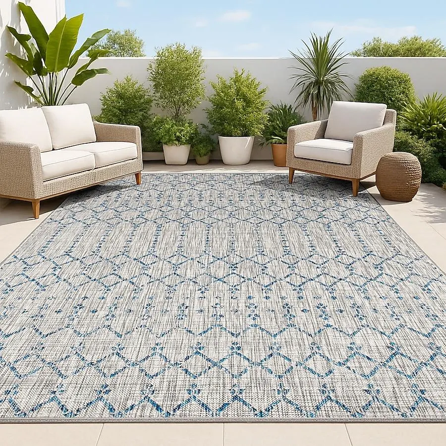 JONATHAN Y SANTA MONICA Ourika Moroccan Geometric Textured Weave 8 x 10 (ft) Loomed Light Gray/Navy Rectangular Indoor/Outdoor Trellis Bohemian/Eclectic Pet Friendly Area rug