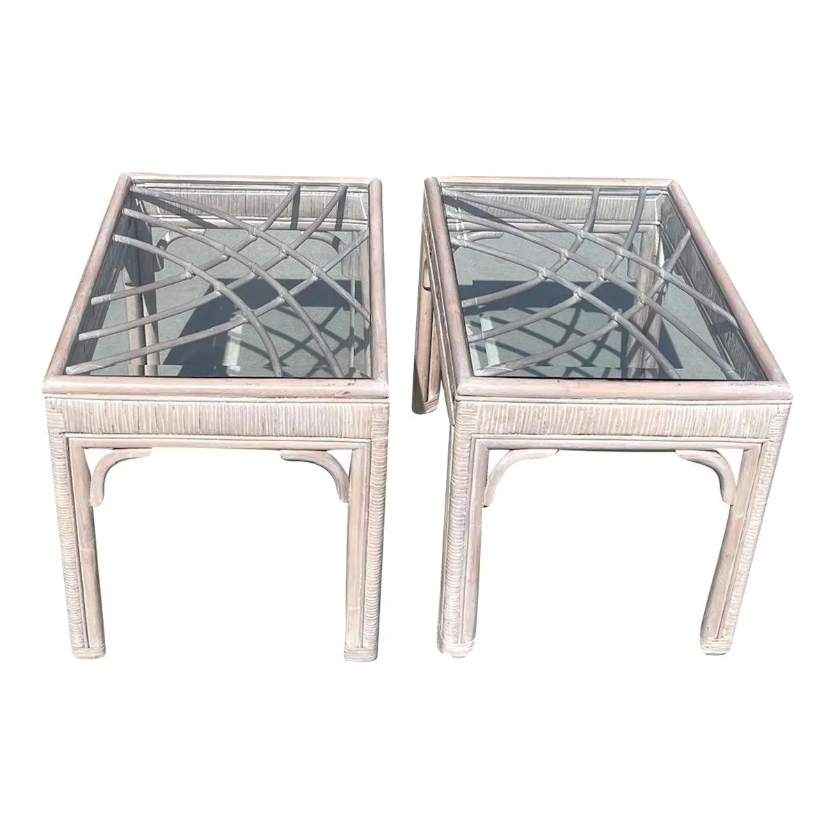 Vintage Whitewash Bamboo Glass Top Side Tables - a Pair