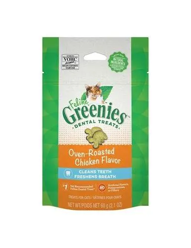 FELINE GREENIES Adult Natural Dental Care Cat Treats, Oven Roasted Chicken Flavor, 2.1 Ounce Pouch